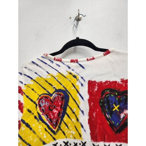 VTG 90s Sportelle Womens Wearable Art Cardigan Medium Heart Print Button Front - Picture 9 of 9